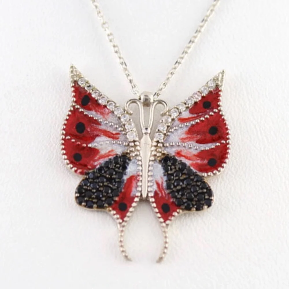 925 Silver necklace red butterfly handmade enamel